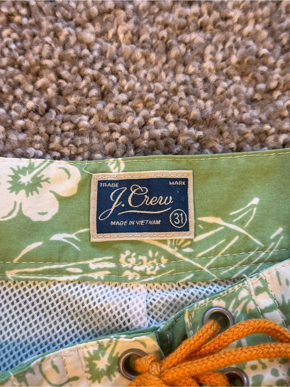 J. Crew Men’s Green Floral Swim Shorts with Orange Drawstring